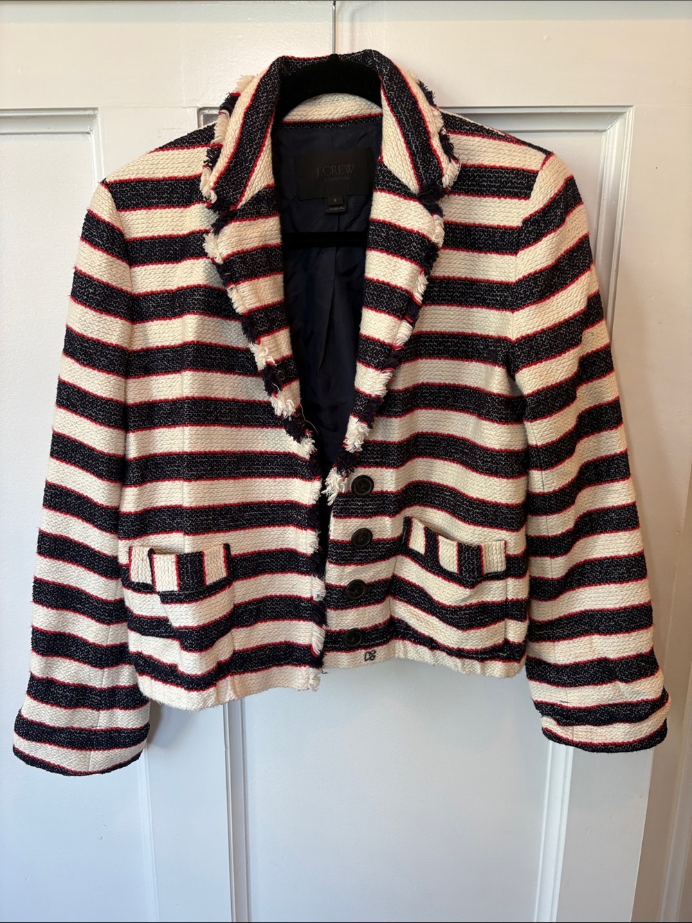 J. Crew Striped Tweed Blazer in Ivory, Navy & Red